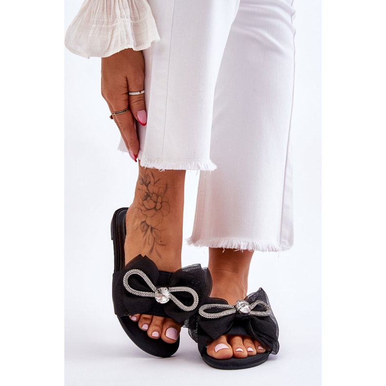 PS1 Chinelos femininos com laço e strass preto Jolene 1 PS1 Chinelos femininos com laço e strass preto Jolene 1