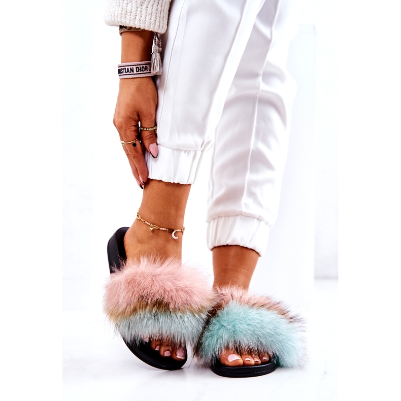 FM1 Chinelos com pelo natural rosa-verde Naturis multicolorido 2