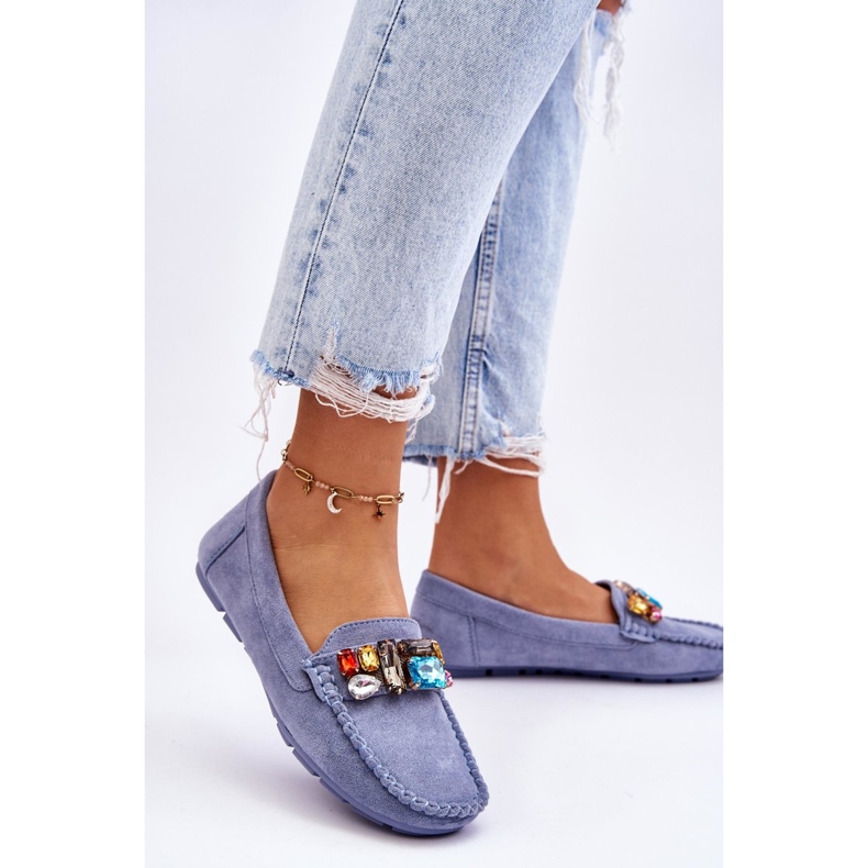 Mocassim feminino de camurça com cristais azul Lucille 2