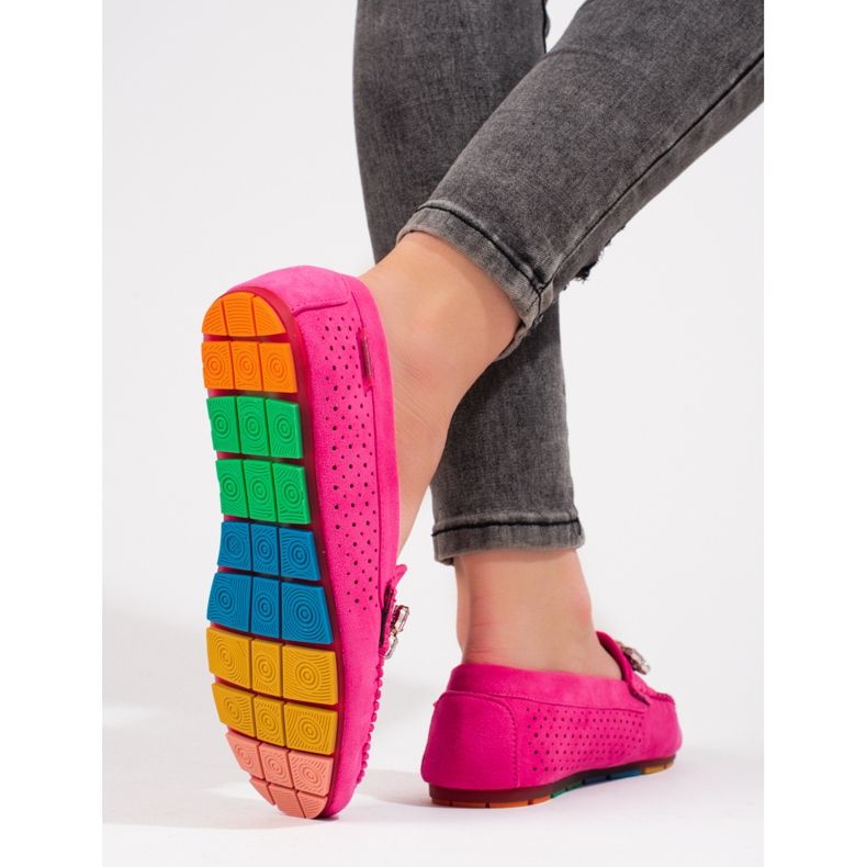 Mocassins de mulher rosa vazados com cristais Shelovet camurça 2