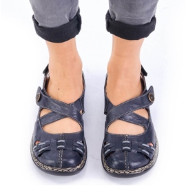 Sandálias femininas confortáveis ​​de couro com velcro azul marinho Rieker 46377-14 1