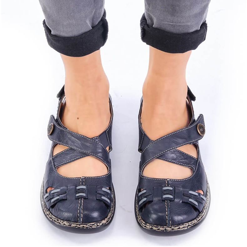 Sandálias femininas confortáveis ​​de couro com velcro azul marinho Rieker 46377-14 1