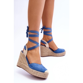 Sandálias amarradas em uma cunha alta Blue Lendy azul 2
