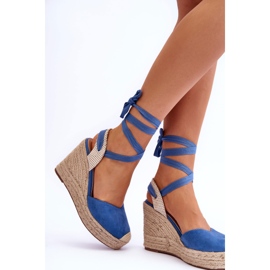 Sandálias amarradas em uma cunha alta Blue Lendy azul 4