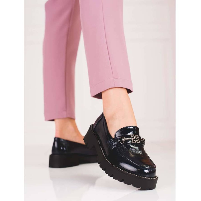 Mocassins femininos lacados em sola grossa Shelovet, azul marinho 1