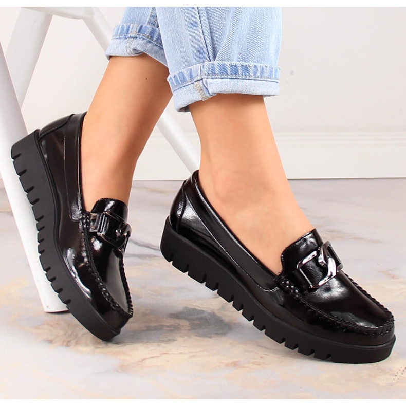 Mocassins femininos laqueados na plataforma preta Sergio Leone MK757 preto 1