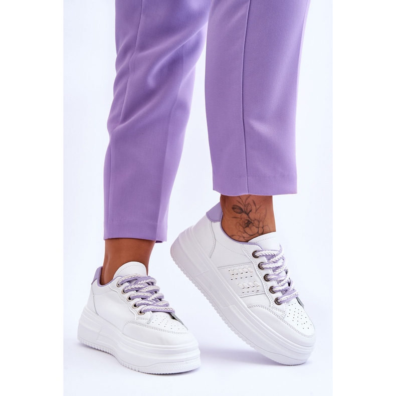 Tênis feminino elegante com plataforma branco-roxo Claribel 2 Tênis feminino elegante com plataforma branco-roxo Claribel 2