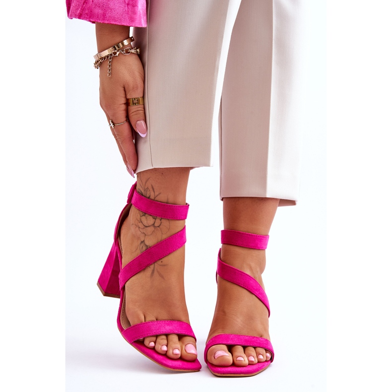 Sandálias femininas de salto alto de camurça fúcsia rosa 1