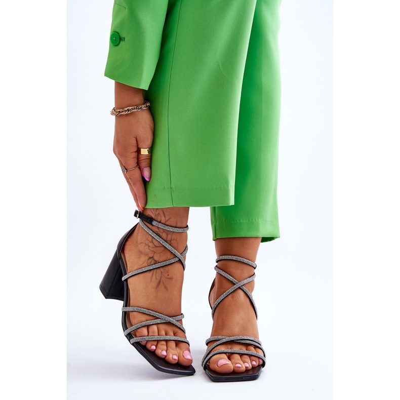 FJ1 Sandália feminina de couro com zircônia cúbica salto alto preto Liviano 1