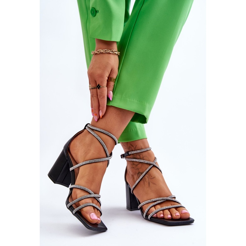 FJ1 Sandália feminina de couro com zircônia cúbica salto alto preto Liviano 2