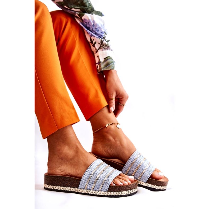 S.Barski Chinelos clássicos femininos com corrente, azuis azul 7