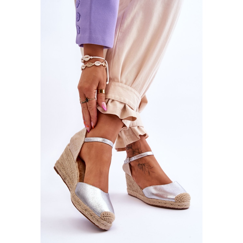 Alpargatas de couro sandálias de cunha prateadas Cammer prata 2