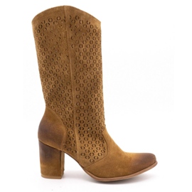 EXQUISITE Botas femininas de couro com salto alto 1224 conhaque marrom castanho 1