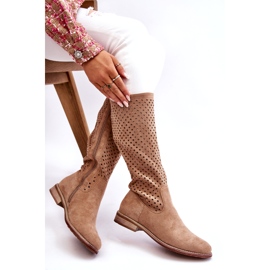 S.Barski Botas femininas de camurça abertas acima do joelho bege savana 4
