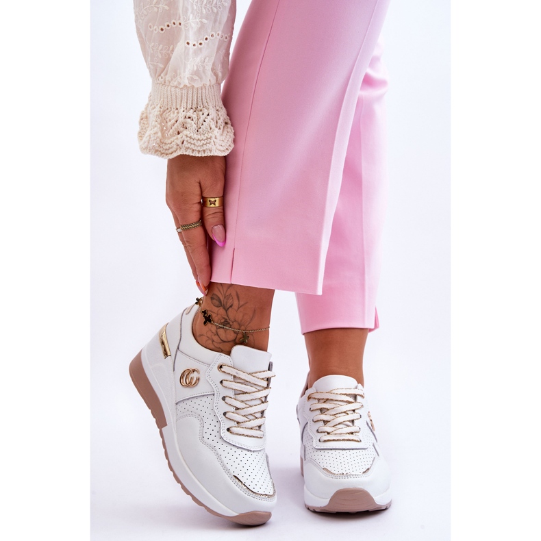 S.Barski Sapatos esportivos femininos de couro com cunha ouro branco Rebeca 1