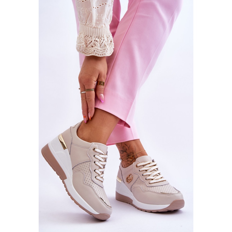 S.Barski Sapatos esportivos femininos Rebeca bege de couro com cunha 2