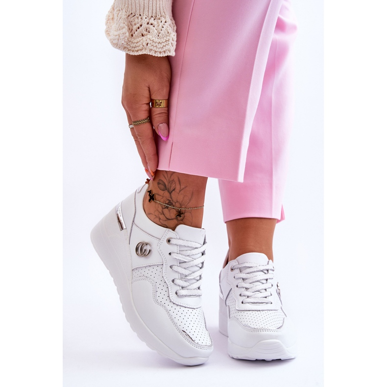 S.Barski Sapatos esportivos femininos de couro com cunha branco-prateado Rebeca 1