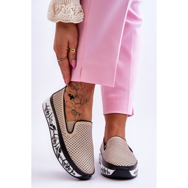 S.Barski Tênis feminino de couro vazado sem cadarço bege Sorito 1