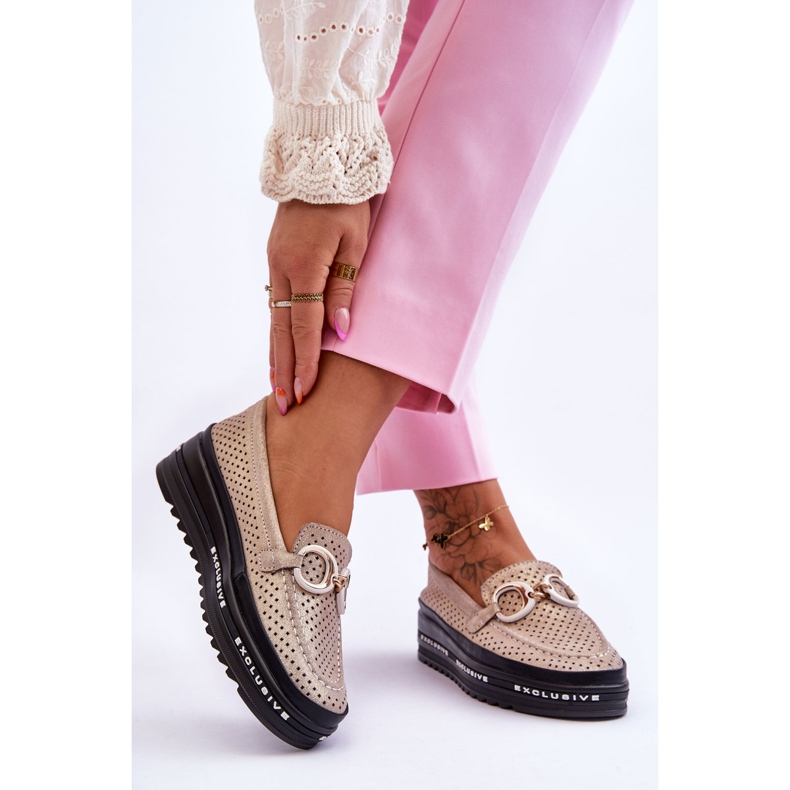 S.Barski Mocassins clássicos de couro vazados com decoração Rendy dourada dourado 2