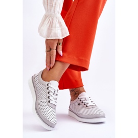 S.Barski Sapatos esportivos de couro vazados da moda branco e prata Cantare 2