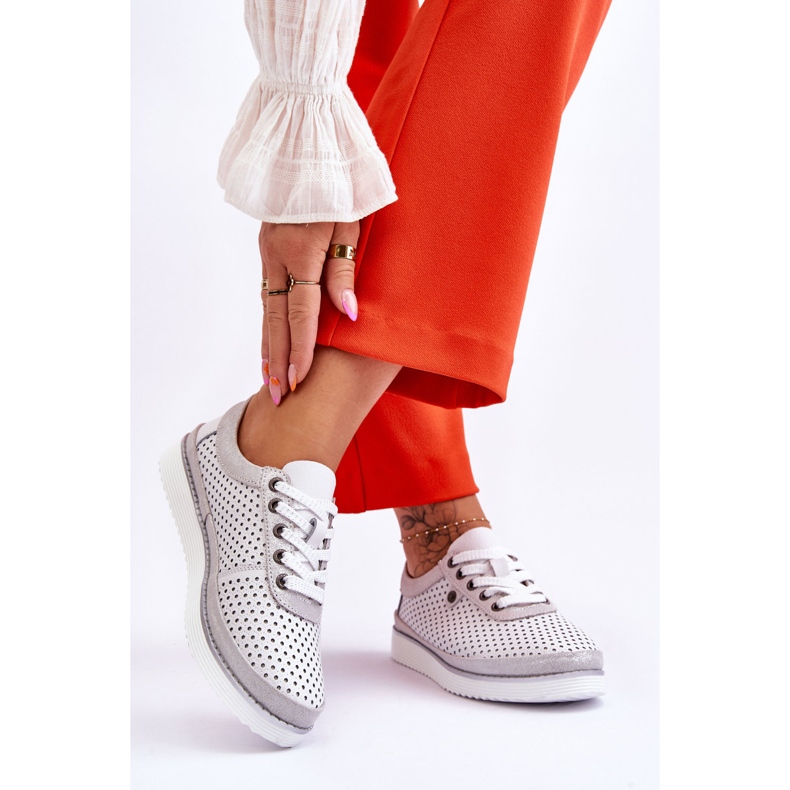 S.Barski Sapatos esportivos de couro vazados da moda branco e prata Cantare 2