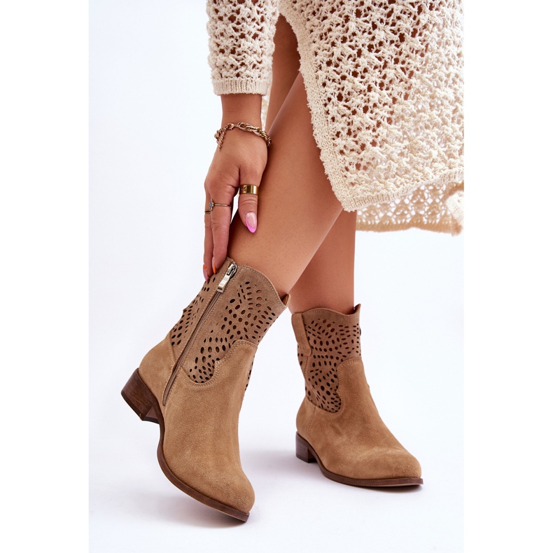 Lewski Shoes Botas femininas de camurça vazadas sapatos Leski 3301 bege 2