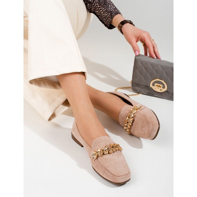Mocassins de mulher em camurça com cristais Shelovet bege 2