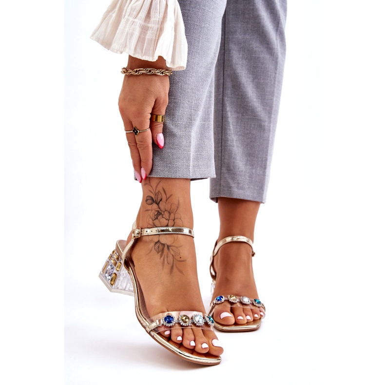 S.Barski Sandálias femininas de salto alto com cristais dourados 1