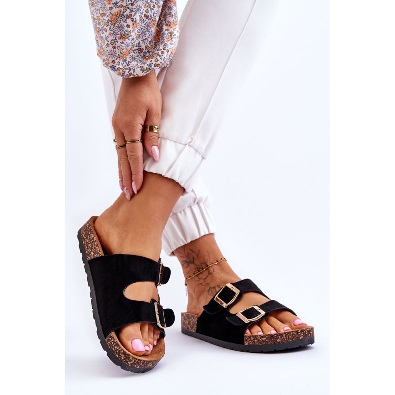 Sandálias femininas sem cadarço com solado de cortiça preto cortina 2