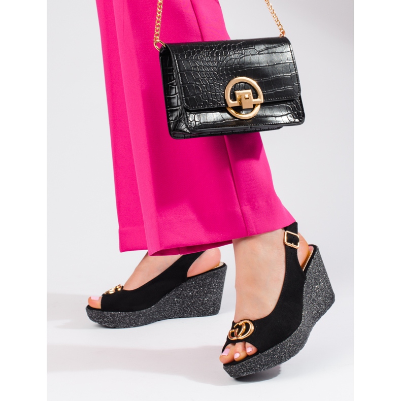 Sandálias de cunha em camurça preta Shelovet de mulher preto 2