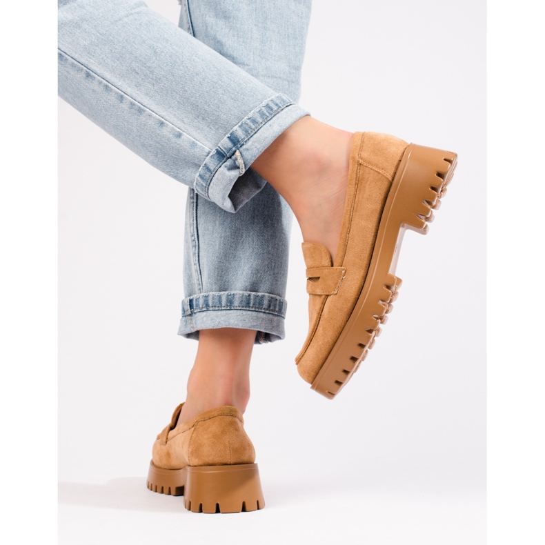 Mocassins de mulher de camurça marrom da Shelovet com sola grossa castanho 1 Mocassins de mulher de camurça marrom da Shelovet com sola grossa castanho 1