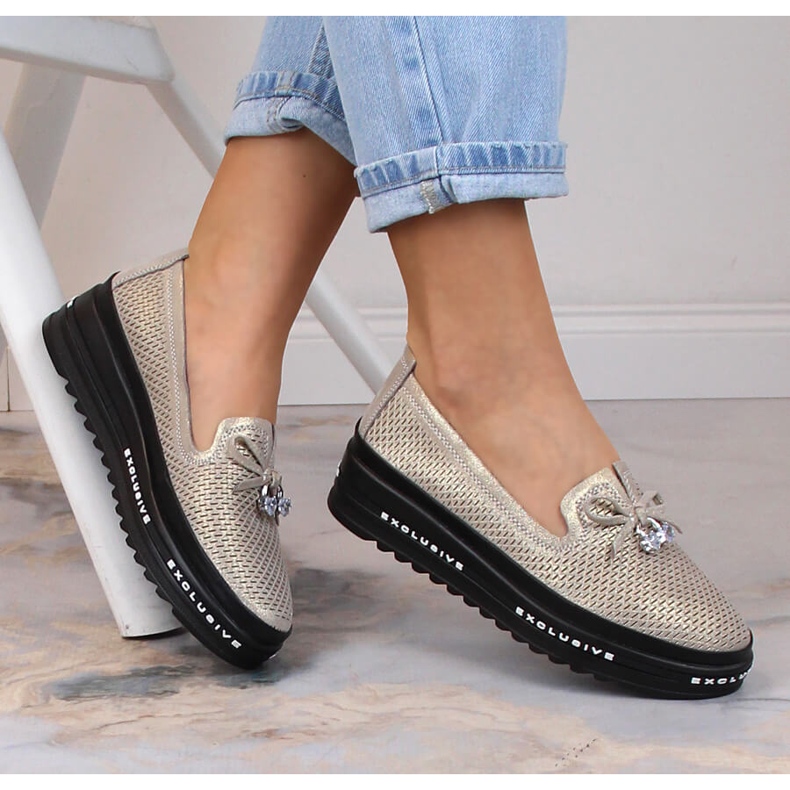 S.Barski AL22400 sapatos femininos de couro confortáveis ​​sem cadarço dourados 1