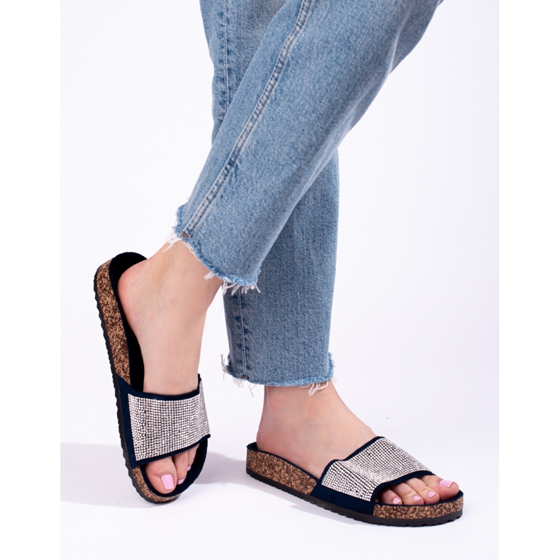 Chinelos Shelovet em cortiça azul marinho com zircões 2