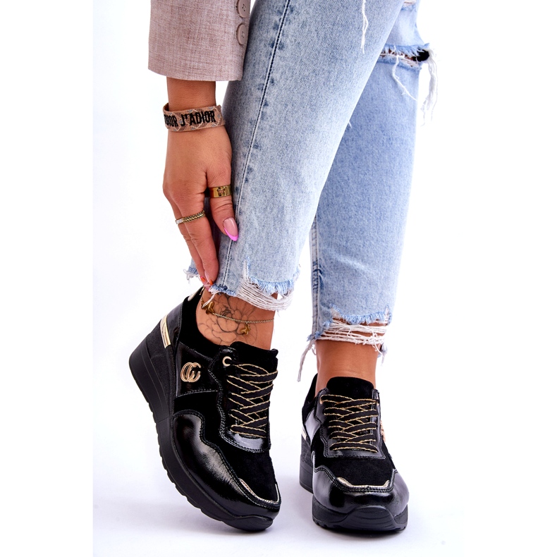 S.Barski Sapatos esportivos femininos de couro com salto preto Rebeca 1