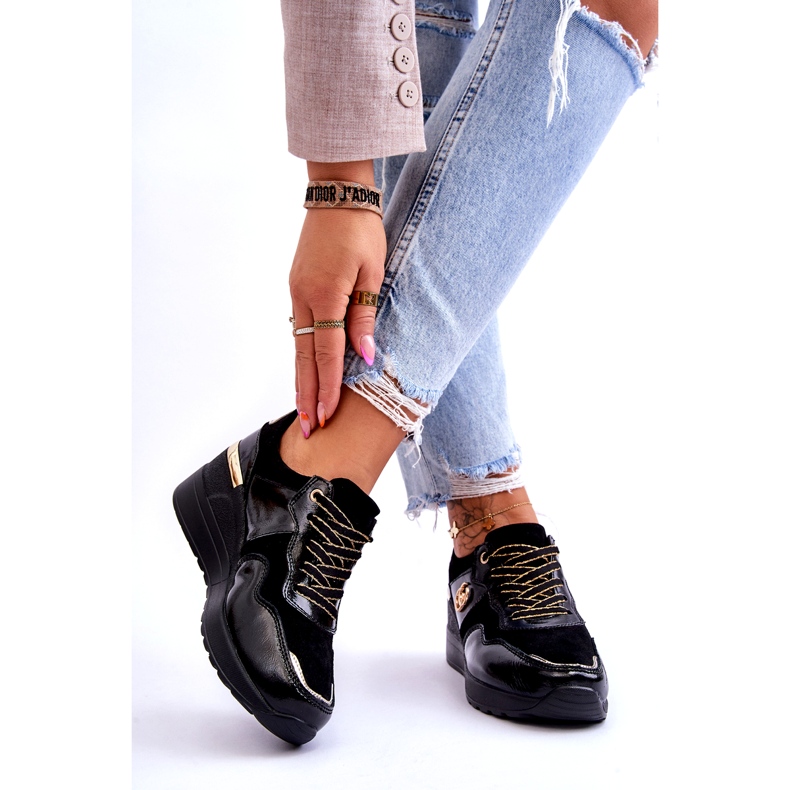 S.Barski Sapatos esportivos femininos de couro com salto preto Rebeca 2