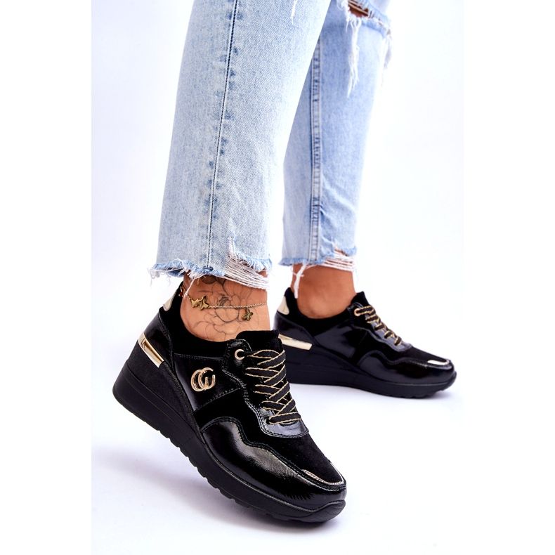 S.Barski Sapatos esportivos femininos de couro com salto preto Rebeca 3