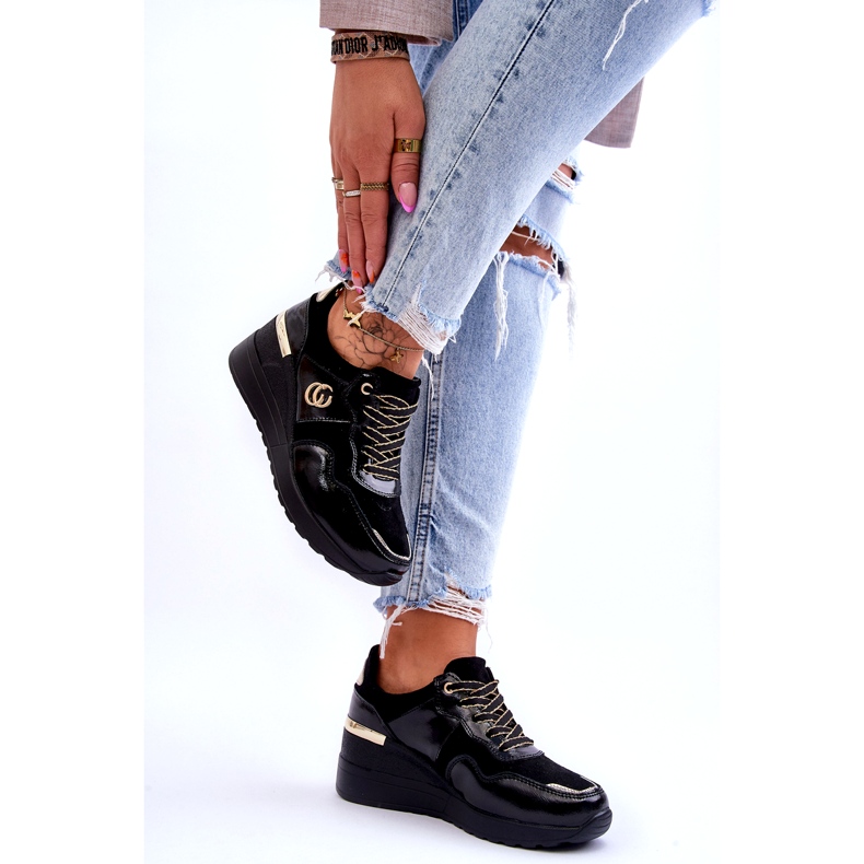 S.Barski Sapatos esportivos femininos de couro com salto preto Rebeca 4