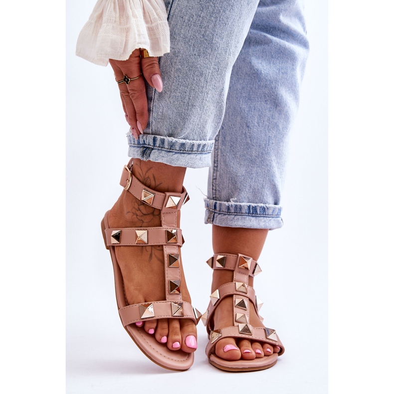 Sandália feminina de couro com tachas grandes Nude Mishigan rosa 1