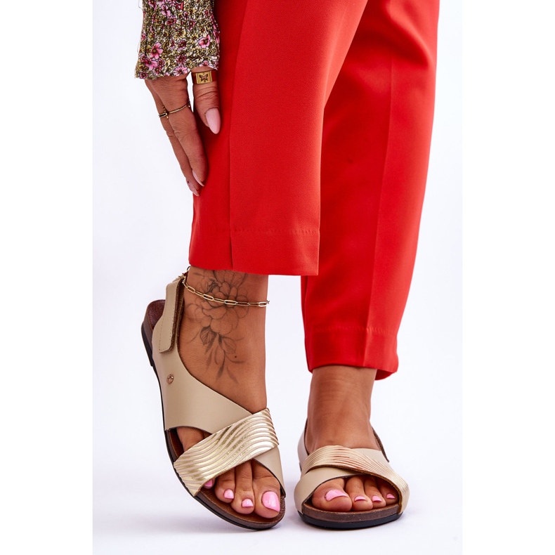 Lemar Sandálias de couro com velcro dourado e bege Addison 1