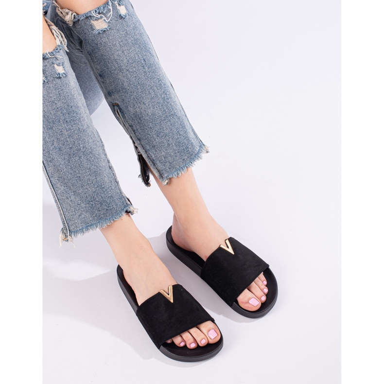 Chinelos Shelovet femininos clássicos em camurça preta preto 1