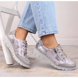 Sapato feminino Helios 334 couro confortável com flores cinza 2