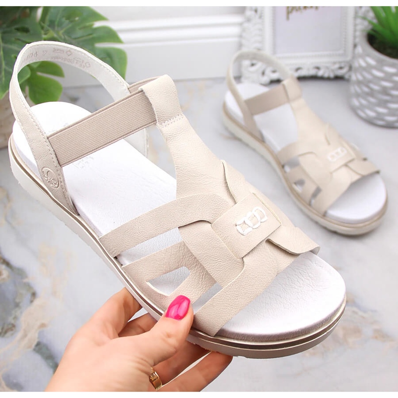 Sandálias femininas confortáveis ​​com elástico bege Rieker V5052-80 2