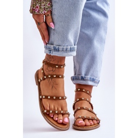 PG1 Sandálias femininas com tachas decorativas marrom Dorothy 1