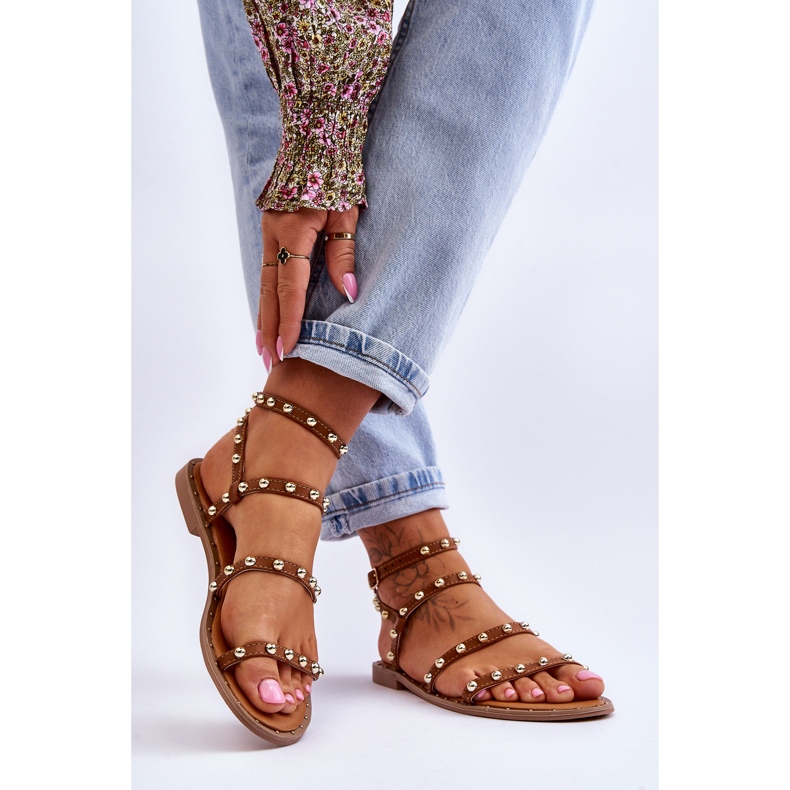 PG1 Sandálias femininas com tachas decorativas marrom Dorothy 2