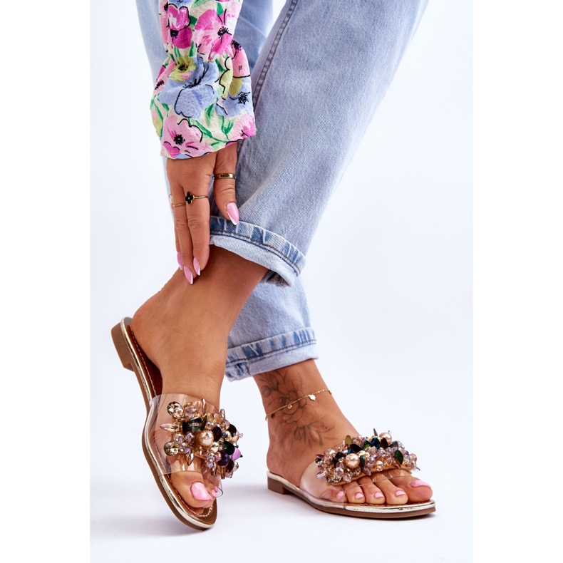 Chinelos femininos com pedras decorativas S.Barski KV-576-3 dourado 2