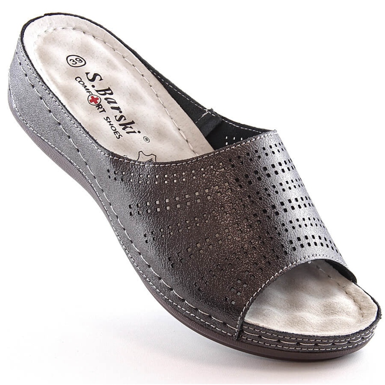 Chinelos de couro femininos confortáveis ​​em cunha de estanho S.Barski BN292 cinza 1