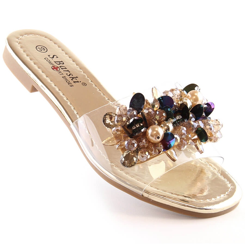 Chinelos femininos confortáveis e transparentes com miçangas douradas S.Barski Kv 576-3 dourado 1 Chinelos femininos confortáveis e transparentes com miçangas douradas S.Barski Kv 576-3 dourado 1
