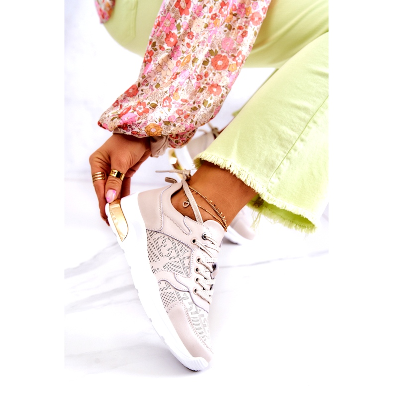 S.Barski Tênis esportivos femininos de couro em cunha bege 2