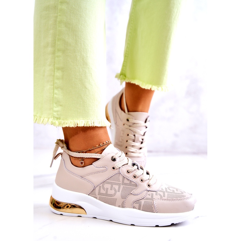 S.Barski Tênis esportivos femininos de couro em cunha bege 1