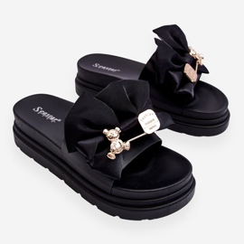 PE1 Chinelos com laço e ursinho de pelúcia decorativo preto Suzy 1
